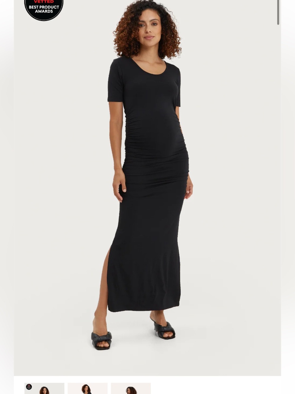 NOM Maternity NWT HUGO Black Short-Sleeve Ruched Maxi Dress with Side Slit